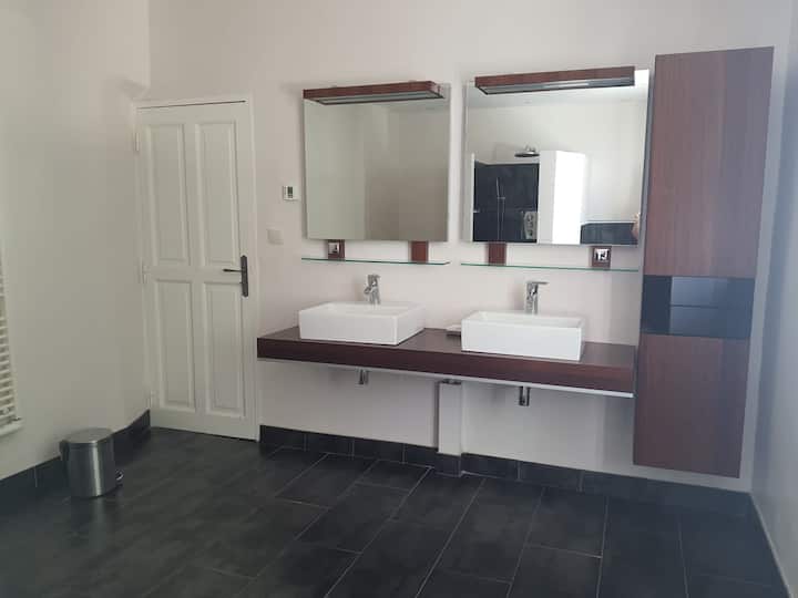 Salle de bains avec douche et baignoire